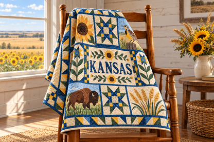 Kansas Sunflower State Home TD181026179 Quilt Blanket draped over a wooden chair in a setting inspired by the quilt design
