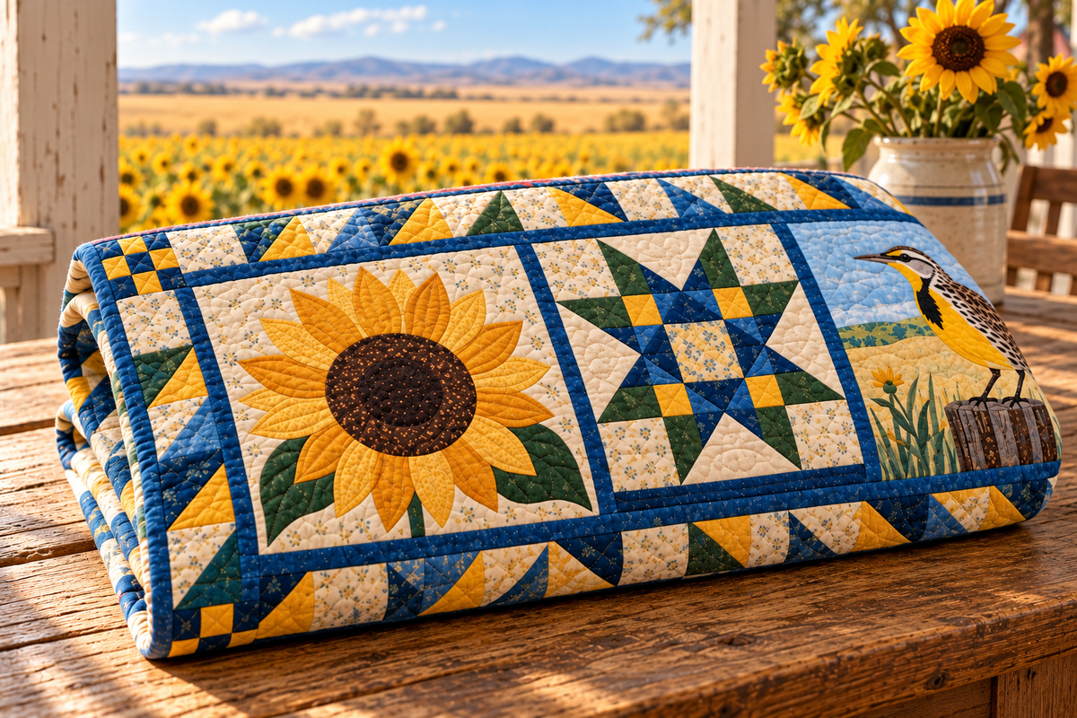 Kansas Sunflower State Home TD181026179 Quilt Blanket folded in a setting matching its design