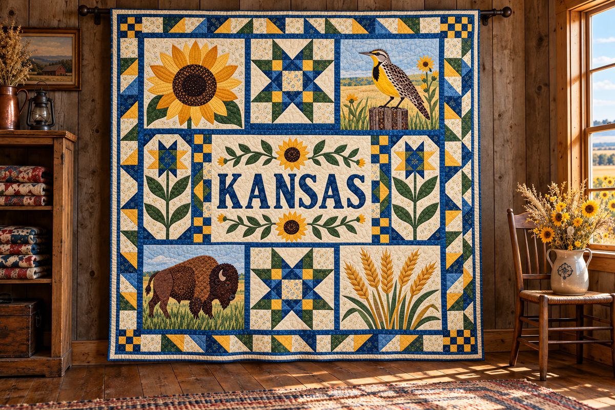 Kansas Sunflower State Home TD181026179 Quilt Blanket hanging in a themed indoor cabin