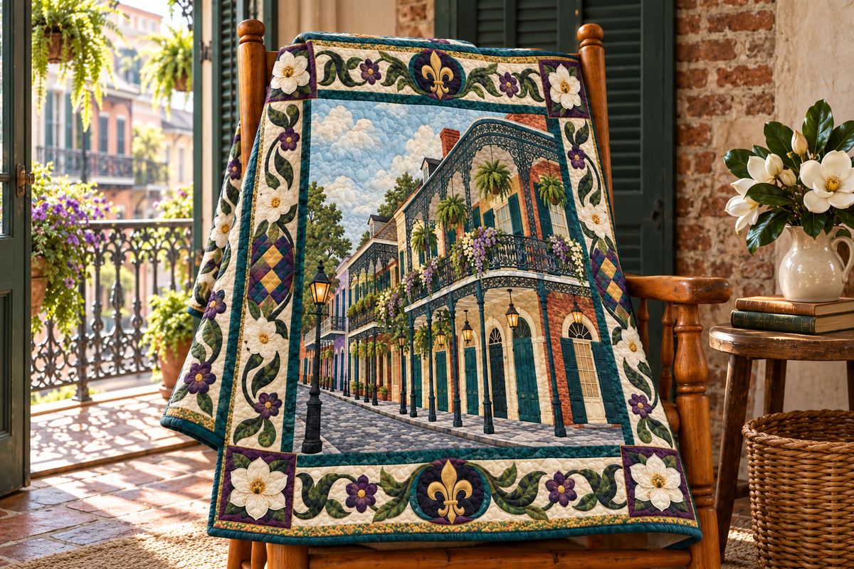 Louisiana Balcony Of Blooms TD181026186 Quilt Blanket draped over a wooden chair in a setting inspired by the quilt design
