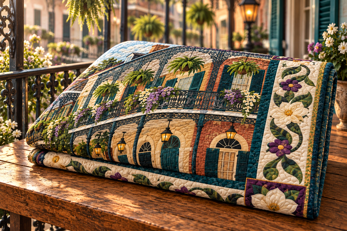 Louisiana Balcony Of Blooms TD181026186 Quilt Blanket folded in a setting matching its design