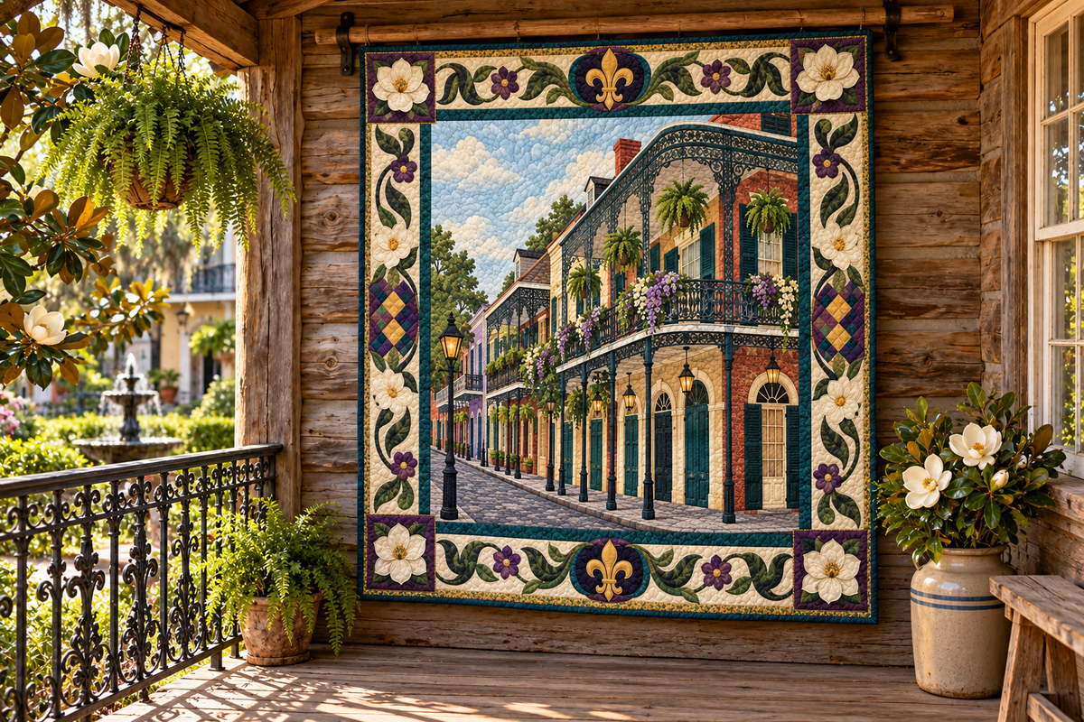 Louisiana Balcony Of Blooms TD181026186 Quilt Blanket hanging in a themed outdoor cabin