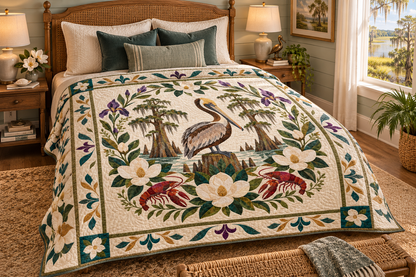 Louisiana Magnolia Pelican TD181026188 Quilt Blanket bed mockup in a design-matched room