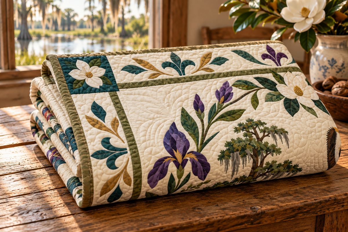 Louisiana Magnolia Pelican TD181026188 Quilt Blanket folded mockup