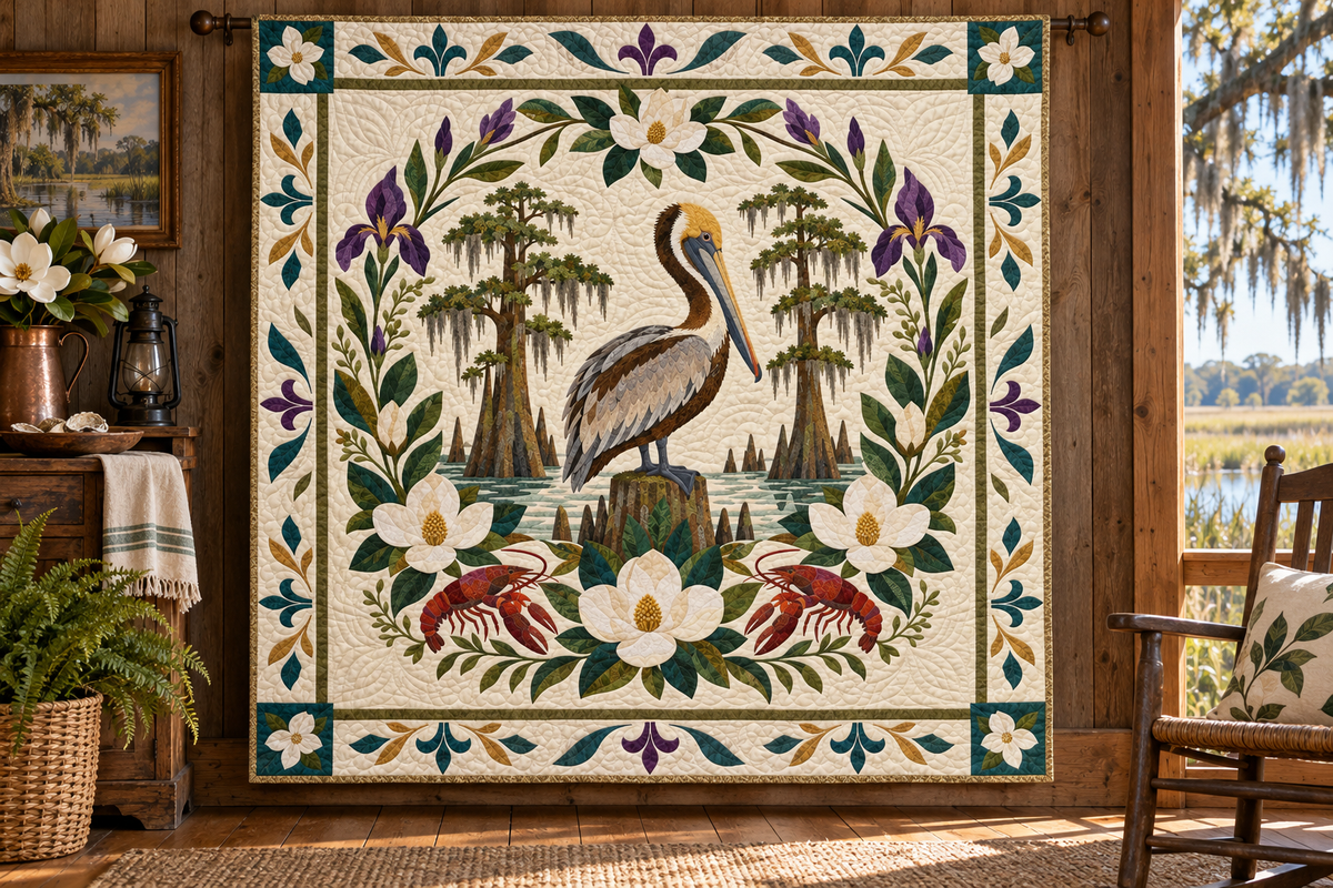 Louisiana Magnolia Pelican TD181026188 Quilt Blanket hanging mockup