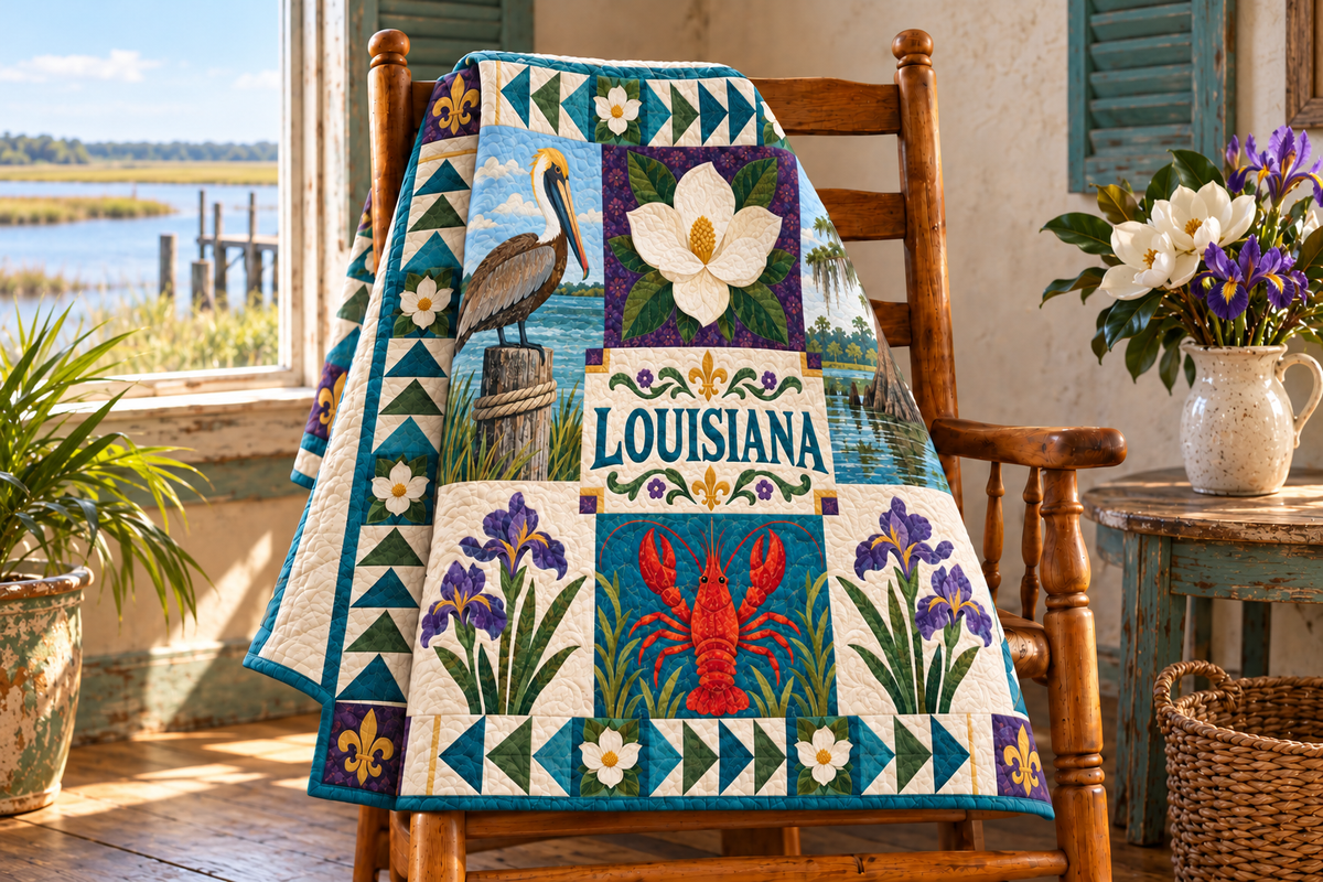 Louisiana Pelican State Pride TD181026189 Quilt Blanket draped over a wooden chair in a setting inspired by the quilt design