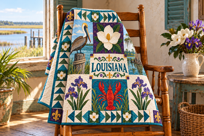 Louisiana Pelican State Pride TD181026189 Quilt Blanket draped over a wooden chair in a setting inspired by the quilt design