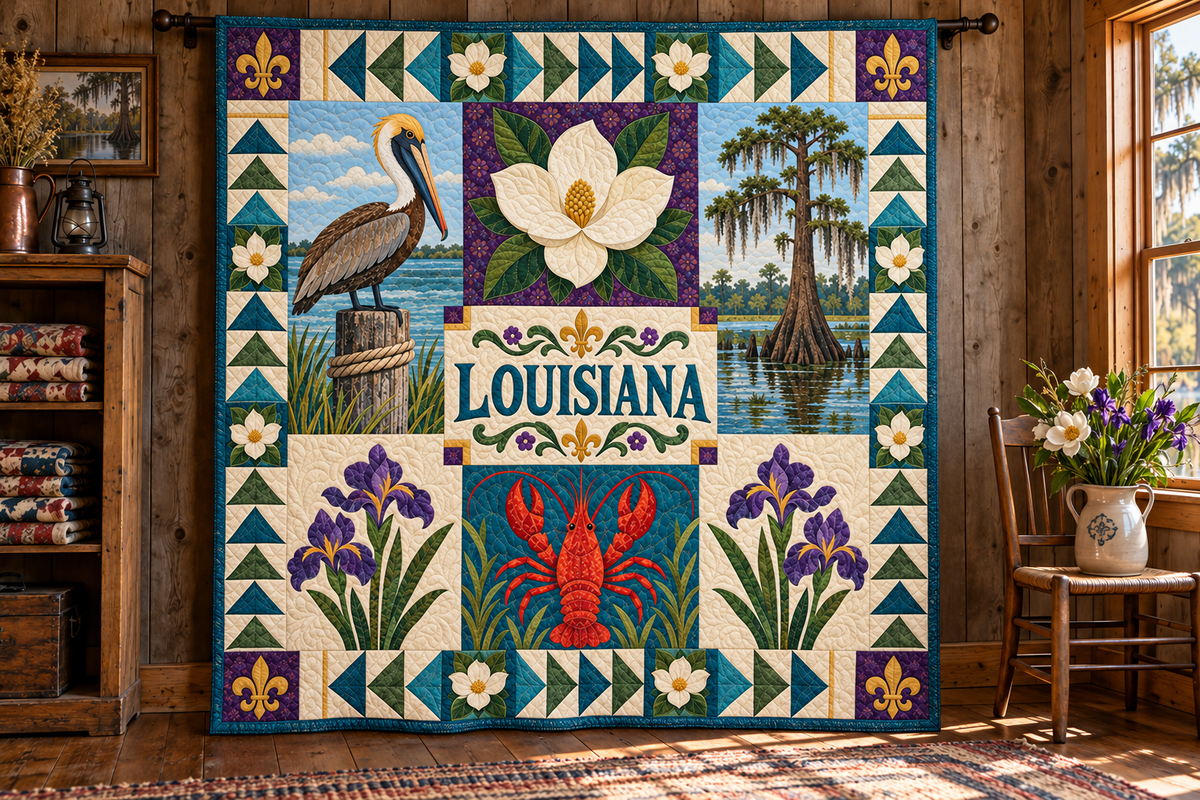 Louisiana Pelican State Pride TD181026189 Quilt Blanket hanging in a themed indoor cabin