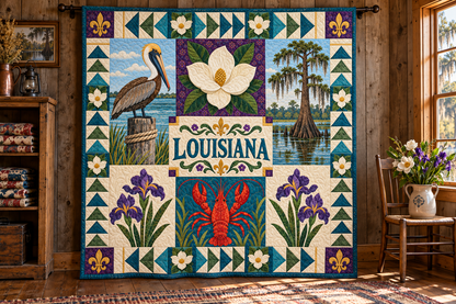 Louisiana Pelican State Pride TD181026189 Quilt Blanket hanging in a themed indoor cabin