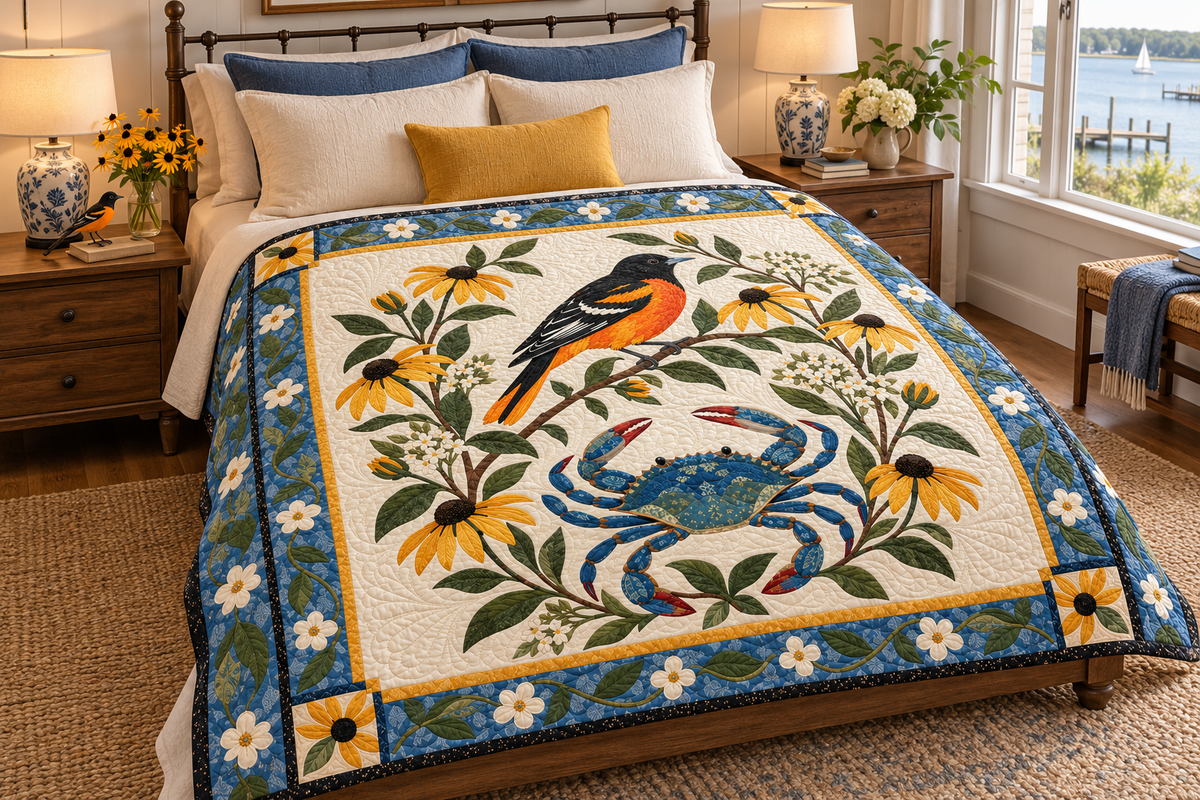 Maryland Oriole And Susans TD181026199 Quilt Blanket bed mockup in a design-matched room