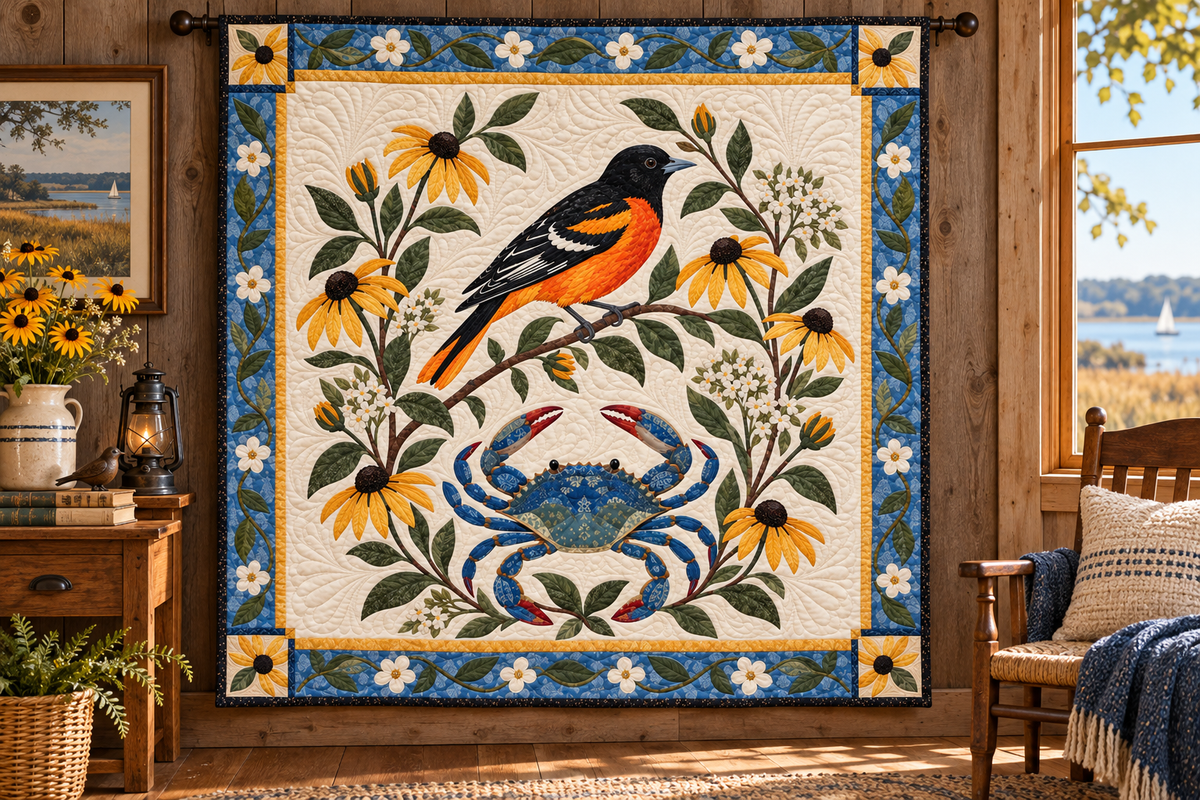 Maryland Oriole And Susans TD181026199 Quilt Blanket hanging mockup