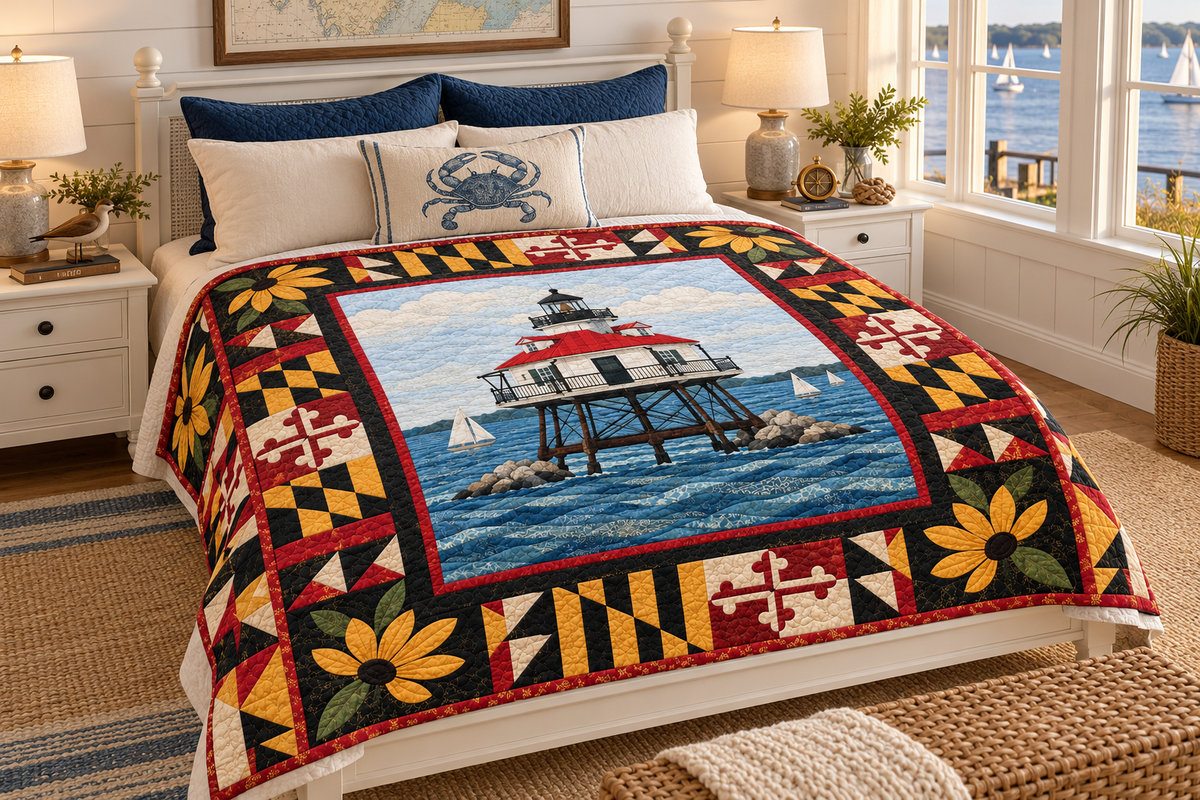 Maryland Thomas Point Beacon TD181026200 Quilt Blanket bed mockup in a design-matched room