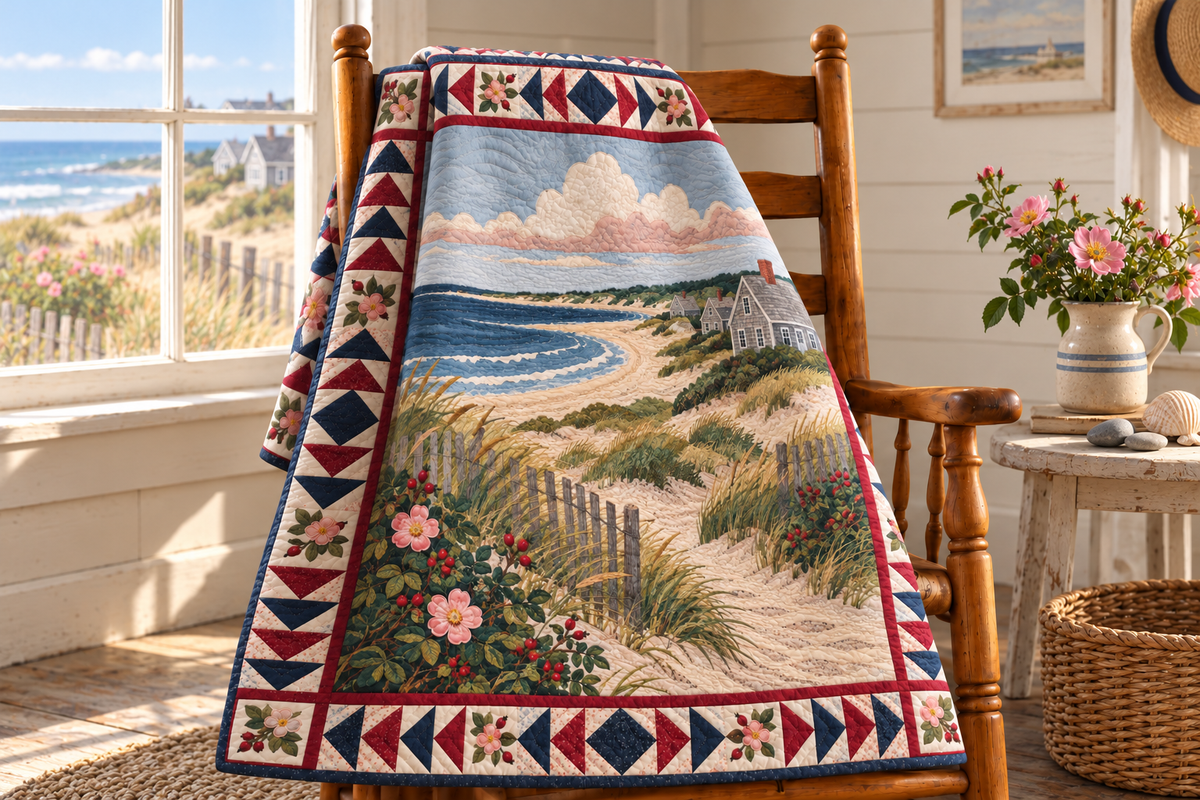 Massachusetts Cape Cod Hush TD181026203 Quilt Blanket draped over a wooden chair in a setting inspired by the quilt design