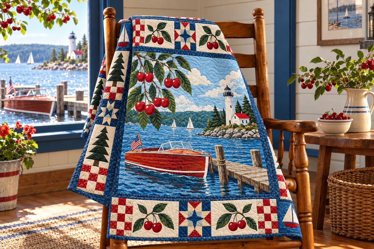 Michigan Lakeshore Cherry Days TD181026207 Quilt Blanket draped over a wooden chair in a setting inspired by the quilt design