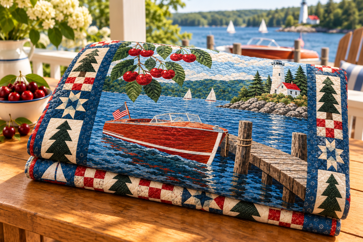 Michigan Lakeshore Cherry Days TD181026207 Quilt Blanket folded in a setting matching its design