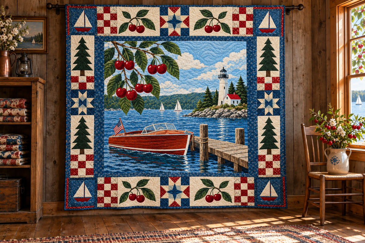 Michigan Lakeshore Cherry Days TD181026207 Quilt Blanket hanging in a themed indoor cabin