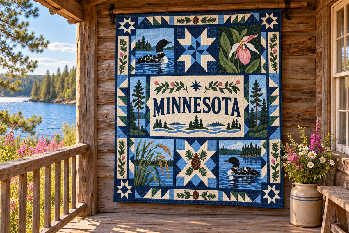 Minnesota North Star Home TD181026213 Quilt Blanket hanging in a themed outdoor cabin