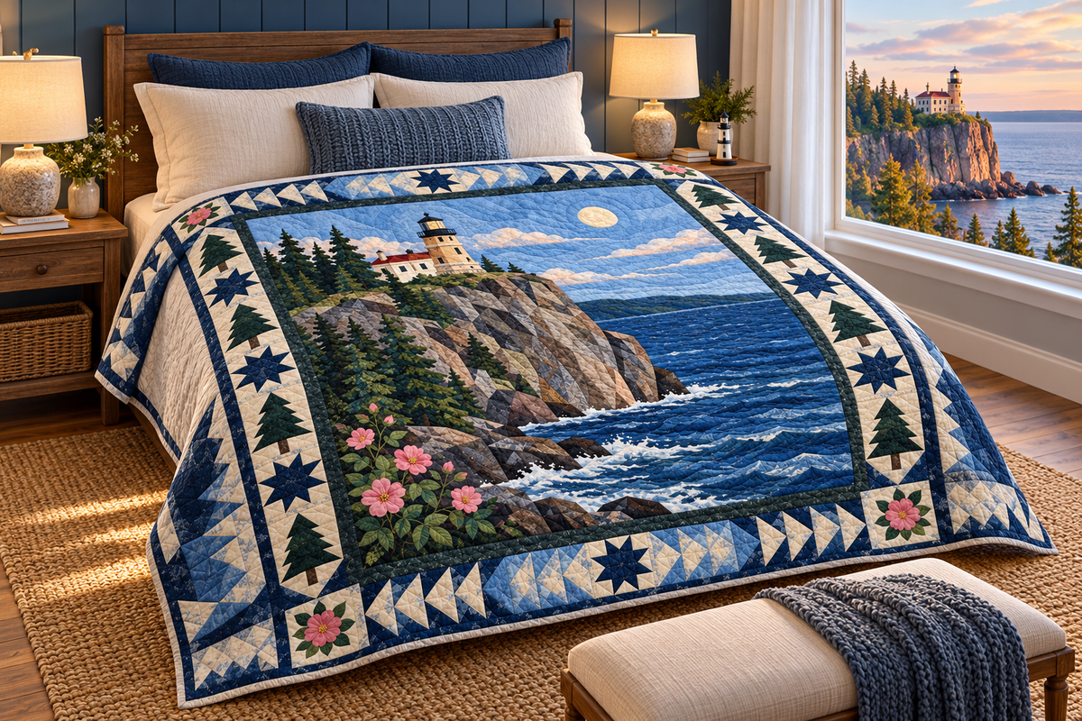 Minnesota Split Rock Light TD181026214 Quilt Blanket bed mockup in a design-matched room