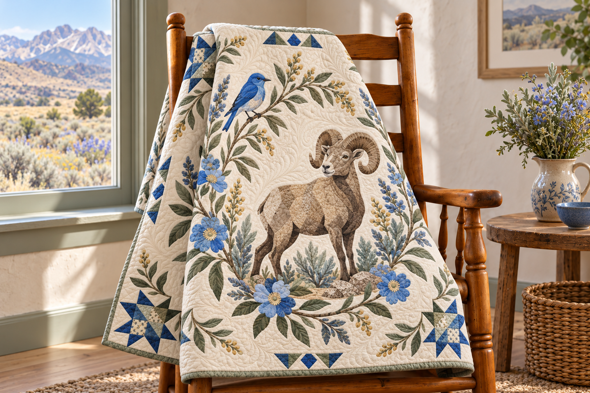 Nevada Bluebird And Sage TD181026236 Quilt Blanket draped over a wooden chair in a setting inspired by the quilt design