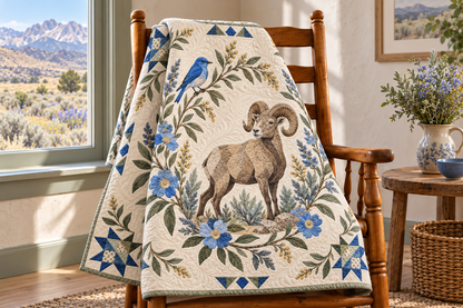 Nevada Bluebird And Sage TD181026236 Quilt Blanket draped over a wooden chair in a setting inspired by the quilt design