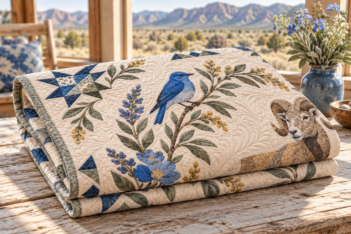 Nevada Bluebird And Sage TD181026236 Quilt Blanket folded in a setting matching its design