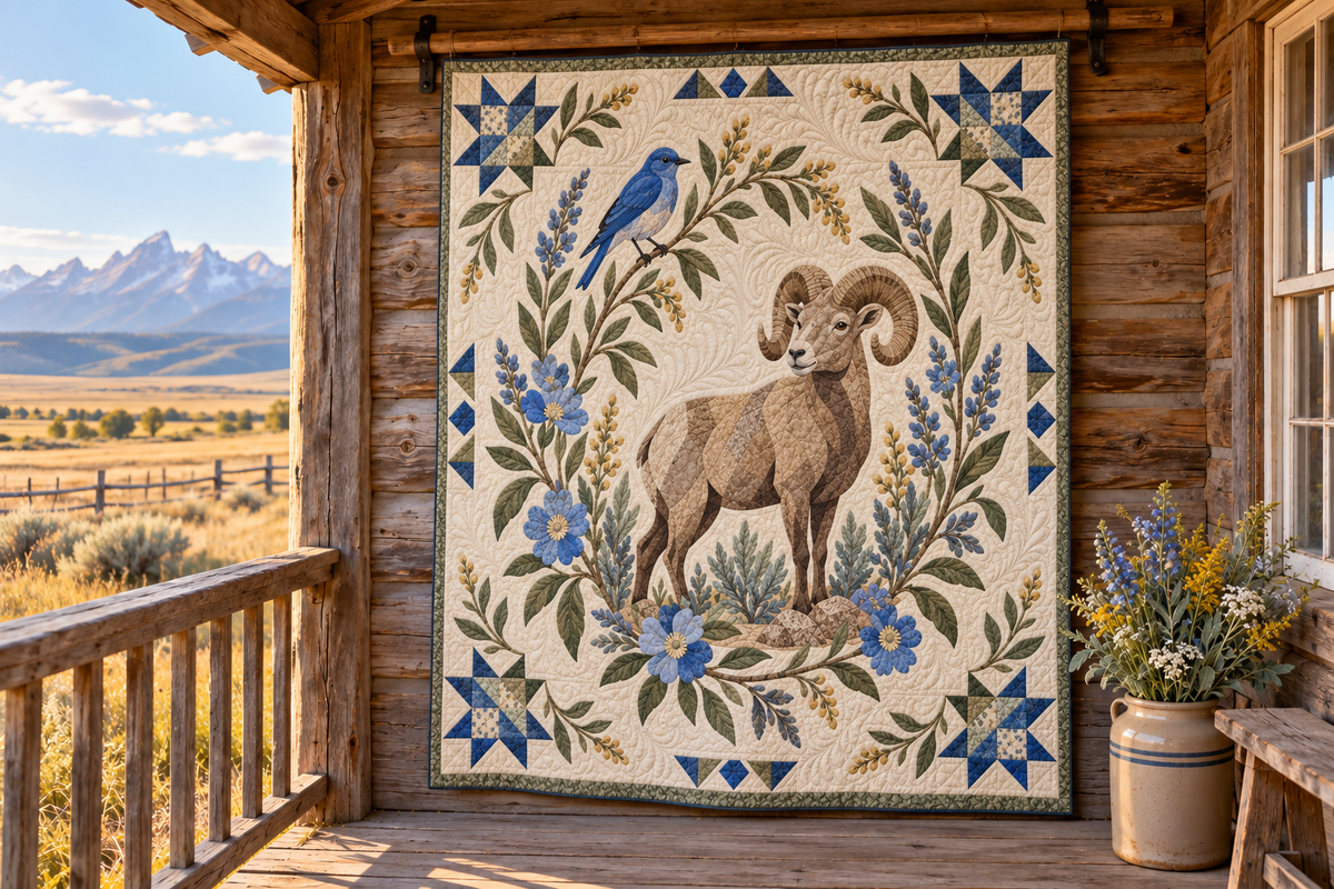 Nevada Bluebird And Sage TD181026236 Quilt Blanket hanging in a themed outdoor cabin