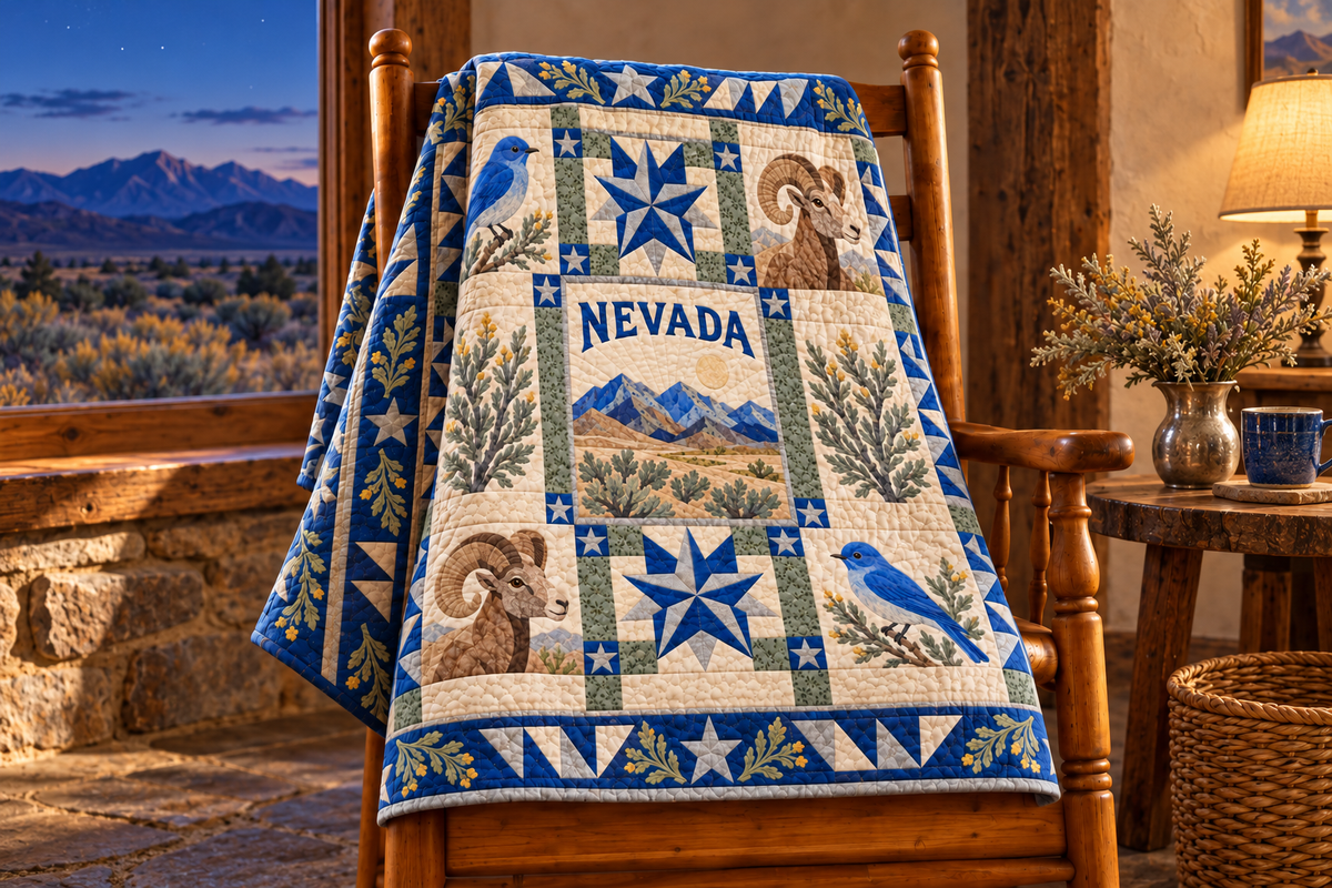 Nevada Silver State Starlight TD181026239 Quilt Blanket draped over a wooden chair in a setting inspired by the quilt design
