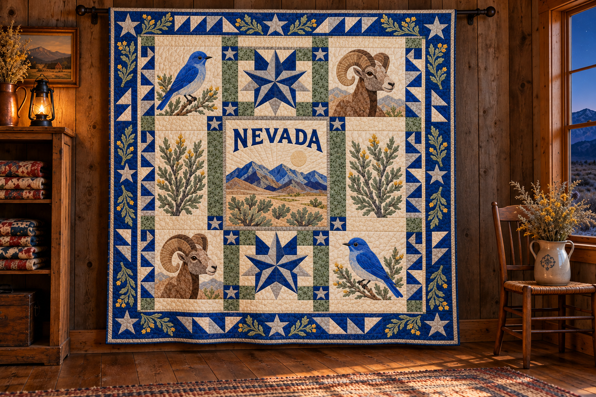 Nevada Silver State Starlight TD181026239 Quilt Blanket hanging in a themed indoor cabin