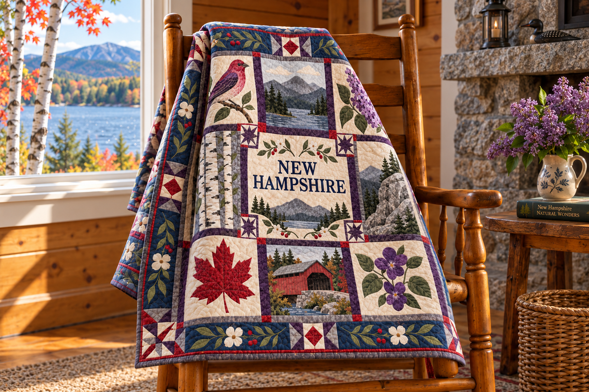 New Hampshire Granite State Home TD181026243 Quilt Blanket draped over a wooden chair in a setting inspired by the quilt design