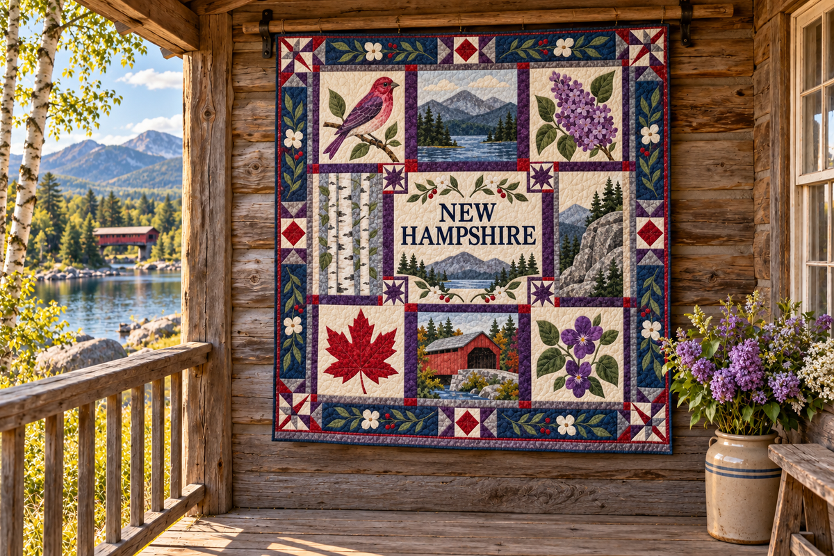New Hampshire Granite State Home TD181026243 Quilt Blanket hanging in a themed outdoor cabin