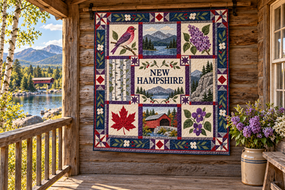 New Hampshire Granite State Home TD181026243 Quilt Blanket hanging in a themed outdoor cabin