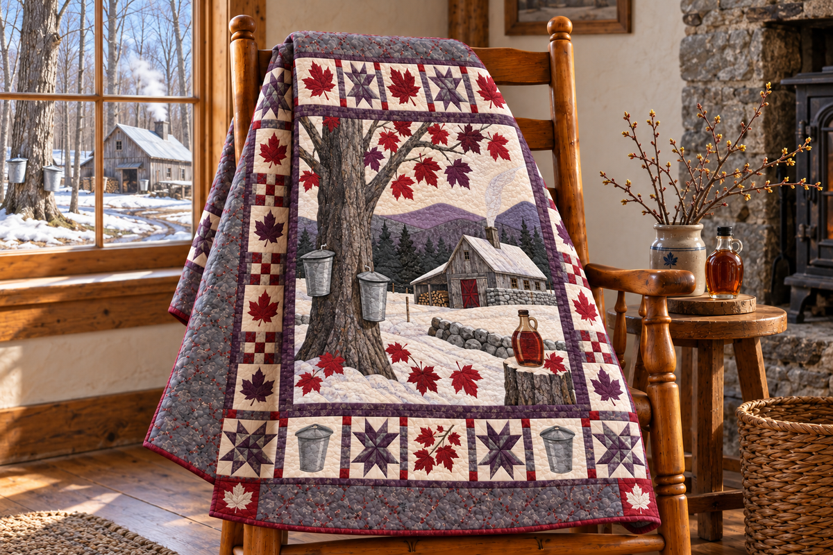 New Hampshire Sugarhouse Spring TD181026244 Quilt Blanket draped over a wooden chair in a setting inspired by the quilt design