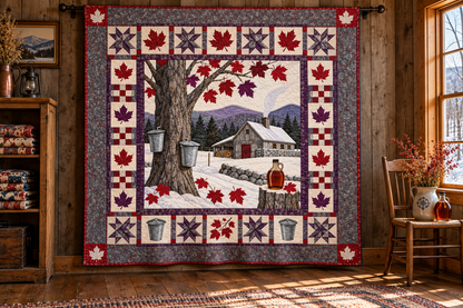 New Hampshire Sugarhouse Spring TD181026244 Quilt Blanket hanging in a themed indoor cabin