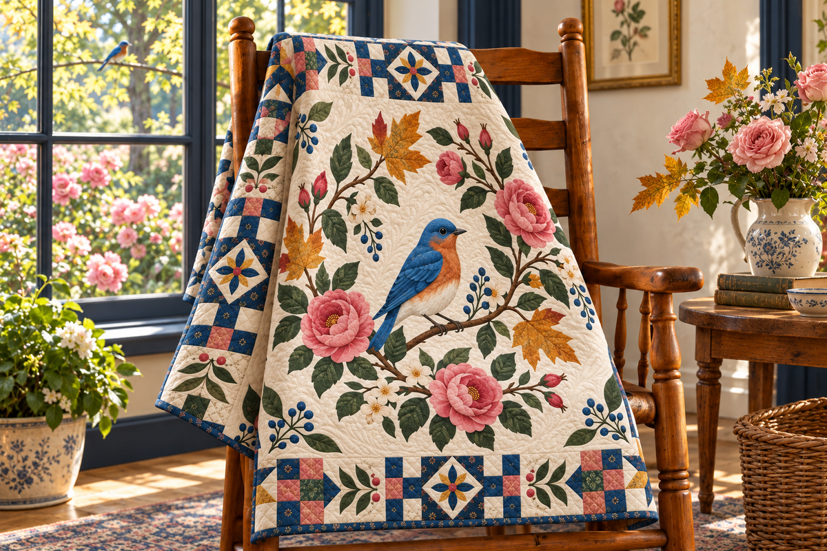 New York Bluebird And Roses TD181026257 Quilt Blanket draped over a wooden chair in a setting inspired by the quilt design