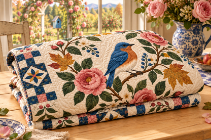 New York Bluebird And Roses TD181026257 Quilt Blanket folded in a setting matching its design
