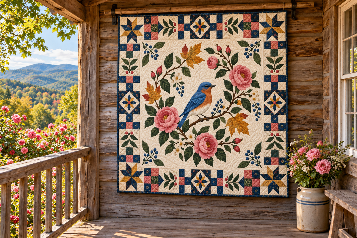 New York Bluebird And Roses TD181026257 Quilt Blanket hanging in a themed outdoor cabin