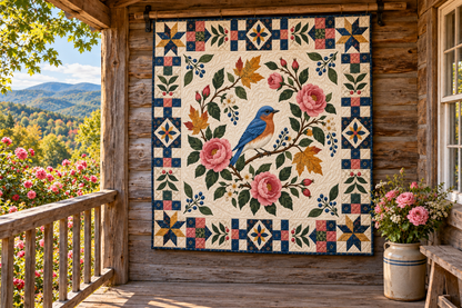 New York Bluebird And Roses TD181026257 Quilt Blanket hanging in a themed outdoor cabin