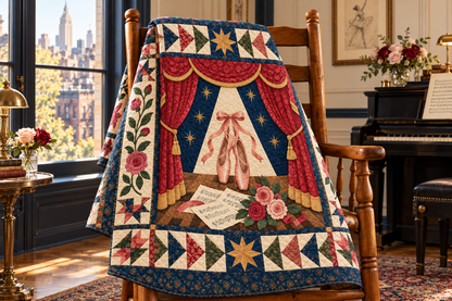 New York Broadway Overture TD181026258 Quilt Blanket draped over a wooden chair in a setting inspired by the quilt design