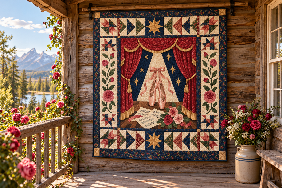 New York Broadway Overture TD181026258 Quilt Blanket hanging in a themed outdoor cabin