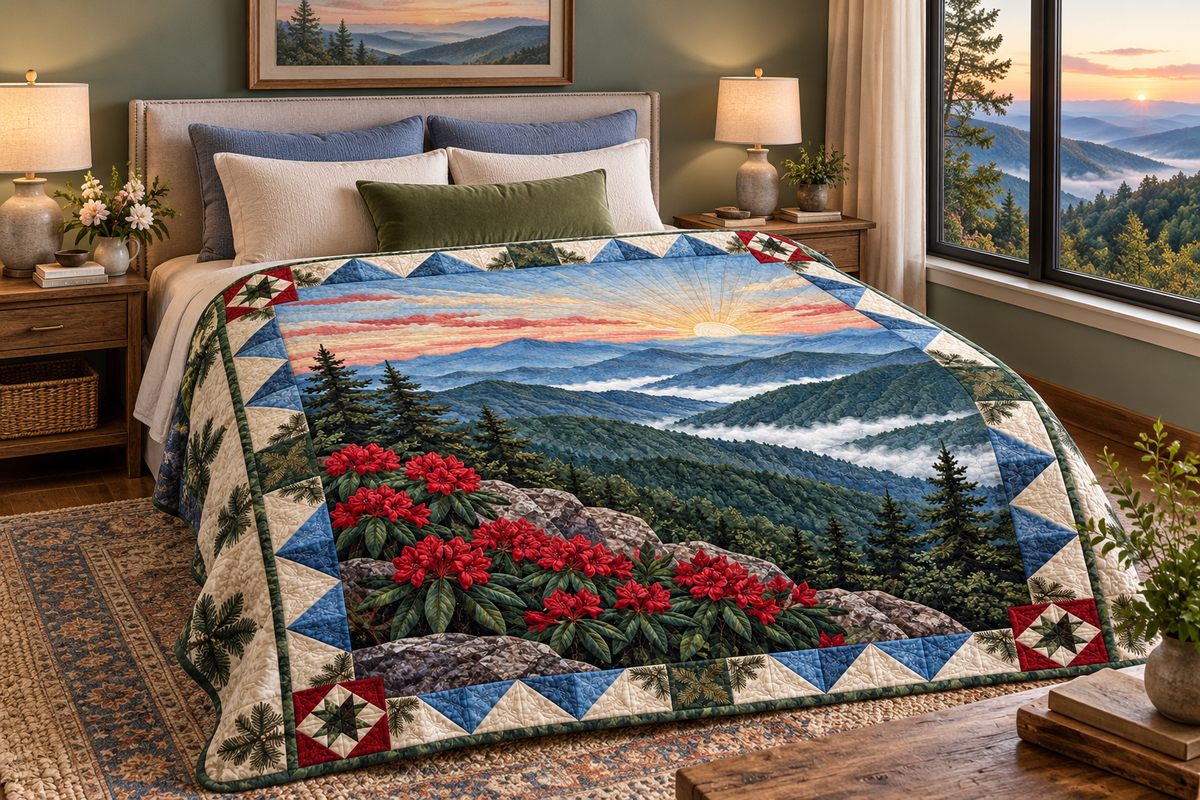 North Carolina Blue Ridge Dawn TD181026261 Quilt Blanket bed mockup in a design-matched room