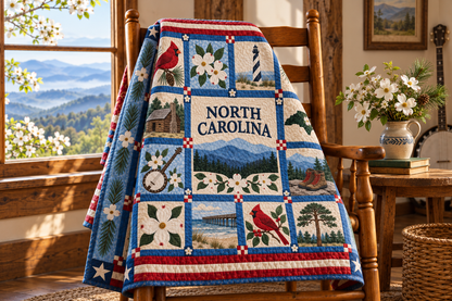 North Carolina Tar Heel Treasures TD181026265 Quilt Blanket draped over a wooden chair in a setting inspired by the quilt design