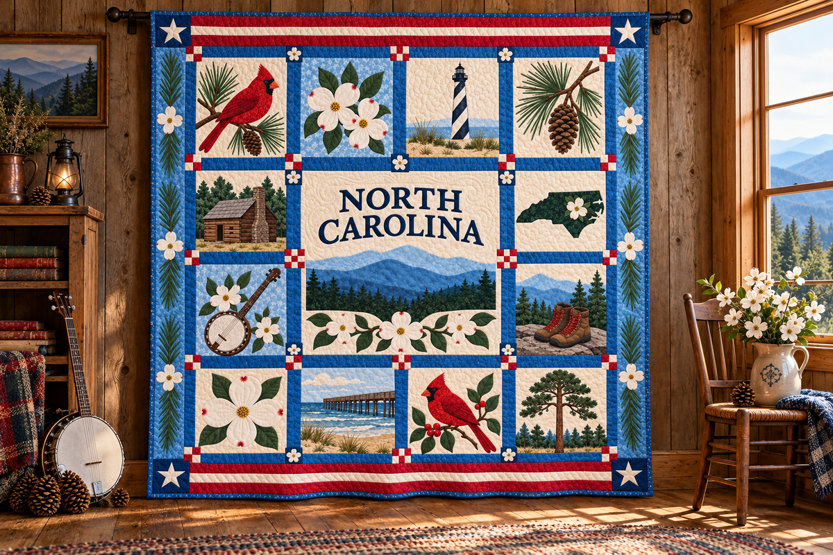 North Carolina Tar Heel Treasures TD181026265 Quilt Blanket hanging in a themed indoor cabin