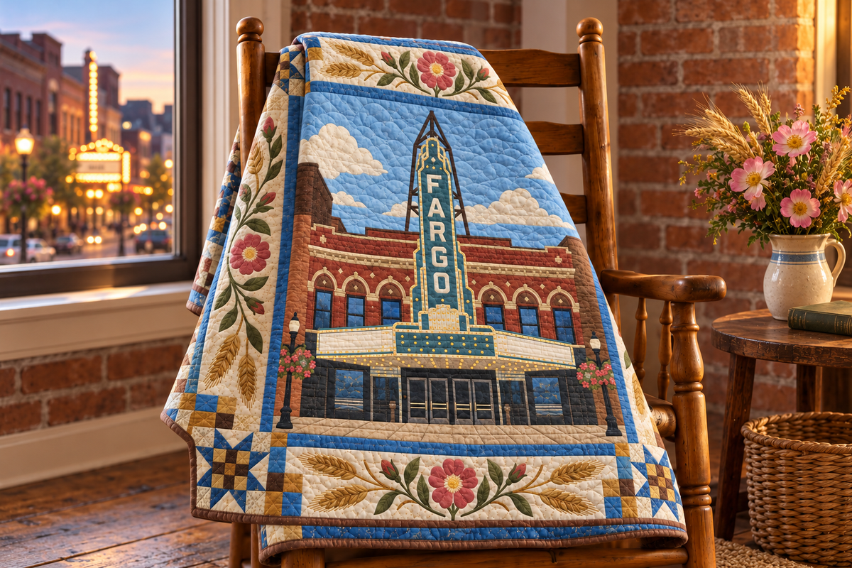 North Dakota Fargo Lights TD181026267 Quilt Blanket draped over a wooden chair in a setting inspired by the quilt design