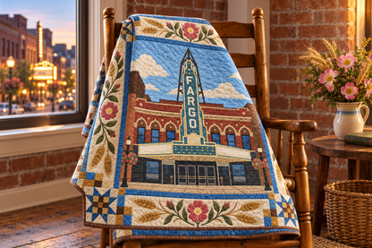 North Dakota Fargo Lights TD181026267 Quilt Blanket draped over a wooden chair in a setting inspired by the quilt design