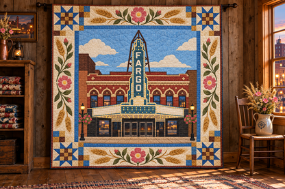 North Dakota Fargo Lights TD181026267 Quilt Blanket hanging in a themed indoor cabin