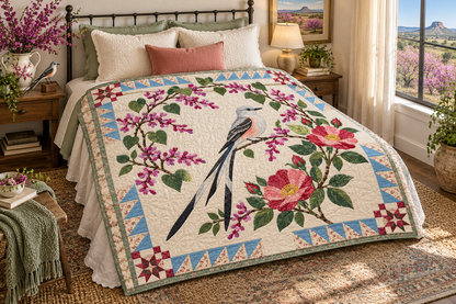 Oklahoma Scissortail And Redbud TD181026278 Quilt Blanket bed mockup in a design-matched room