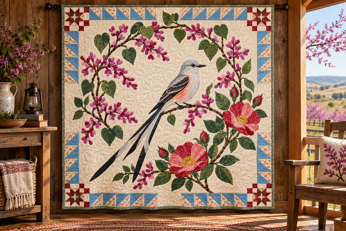 Oklahoma Scissortail And Redbud TD181026278 Quilt Blanket hanging mockup