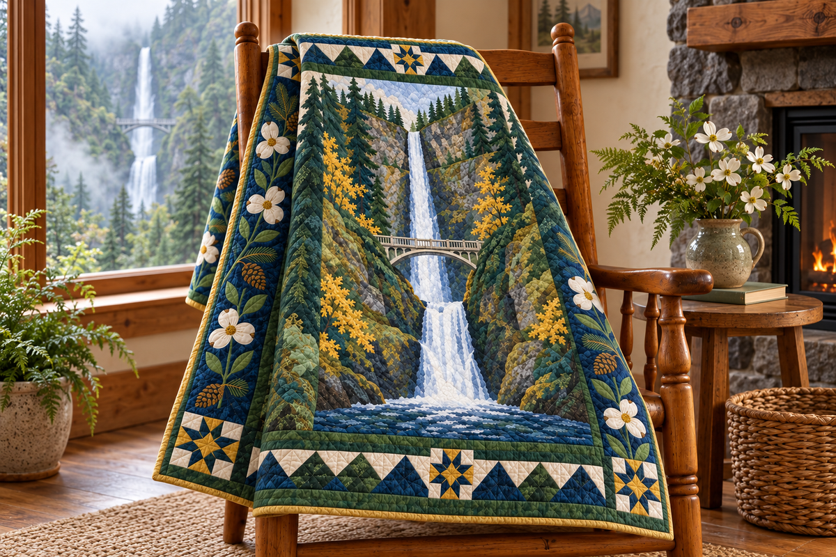 Oregon Multnomah Mist TD181026285 Quilt Blanket draped over a wooden chair in a setting inspired by the quilt design
