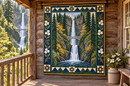 Oregon Multnomah Mist TD181026285 Quilt Blanket hanging in a themed outdoor cabin