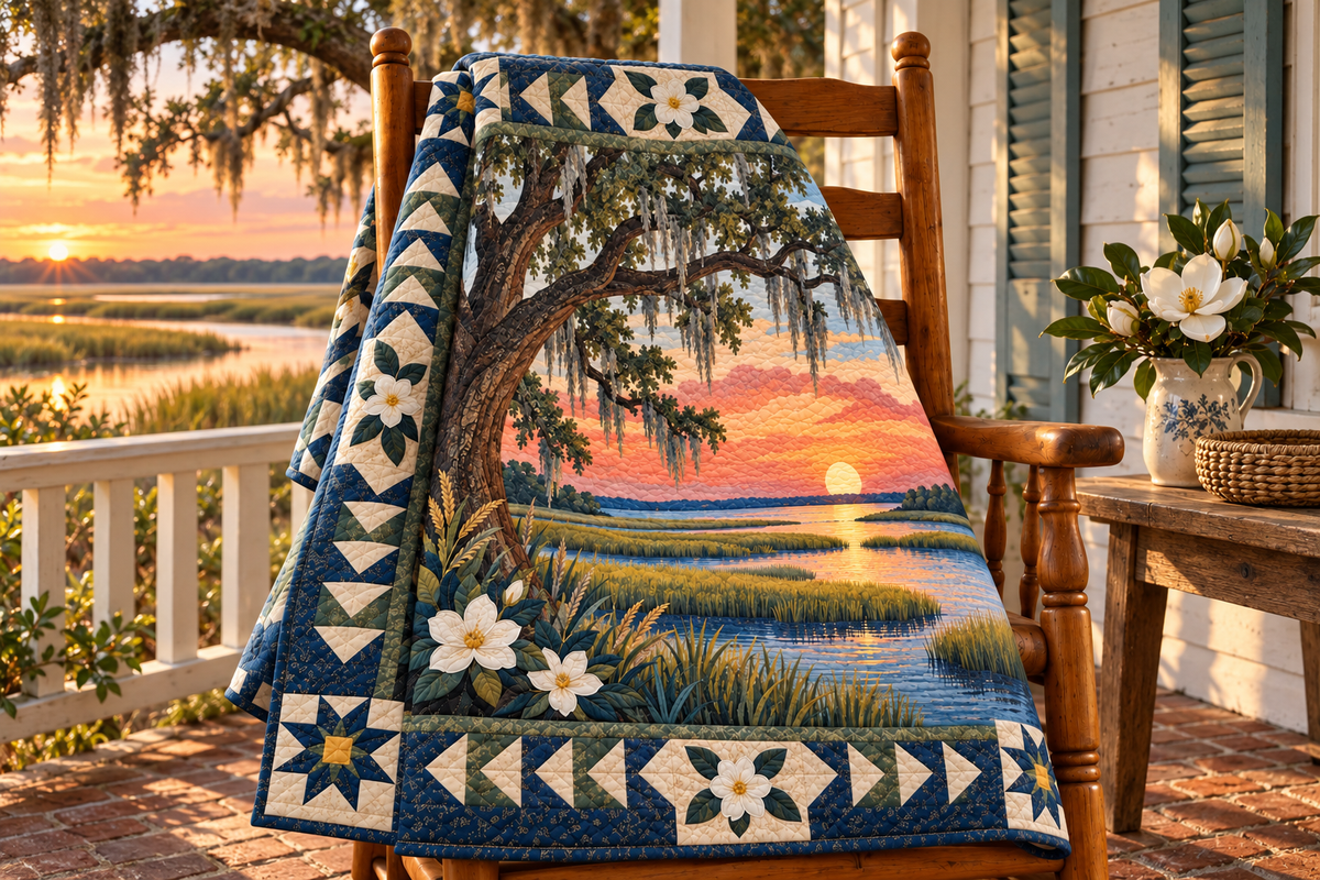 South Carolina Lowcountry Gold TD181026296 Quilt Blanket draped over a wooden chair in a setting inspired by the quilt design